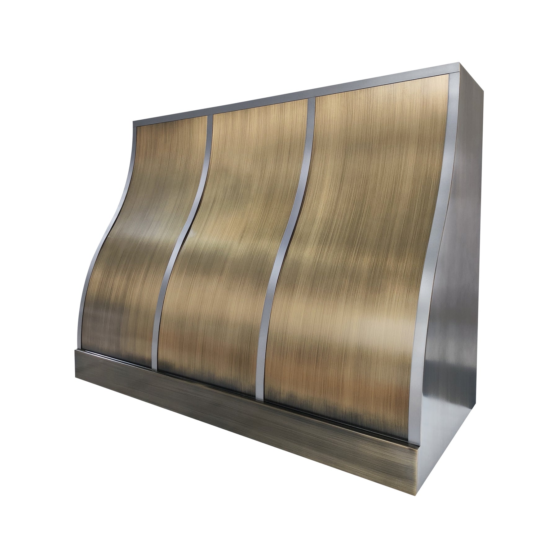Fobest Custom Aged Brass Range Hood with Natural Zinc Straps FSS-647