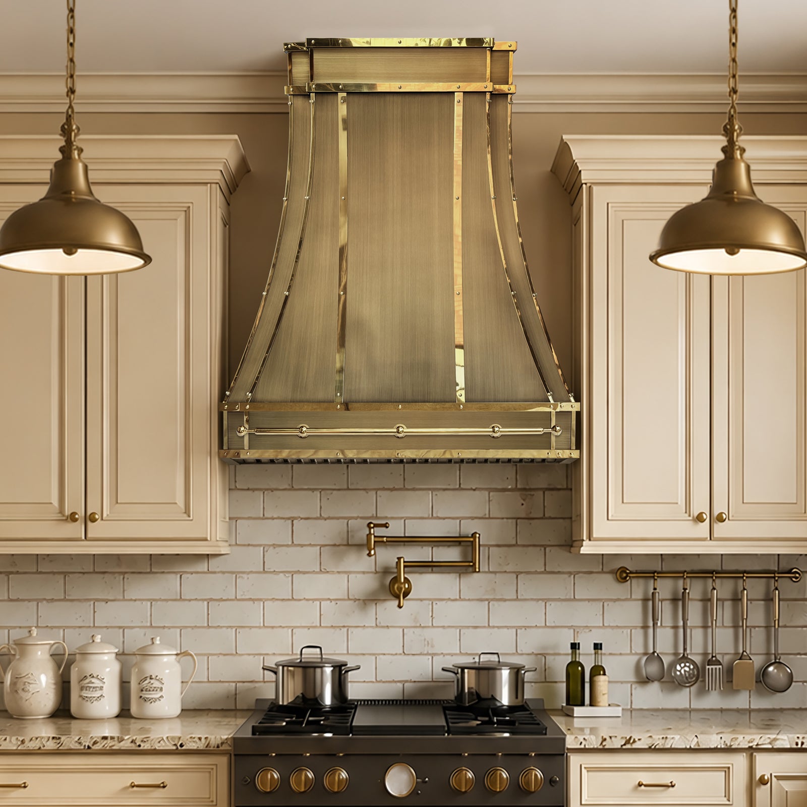Fobest Custom Aged Brass Range Hood with Polished Brass Accents FSS-683