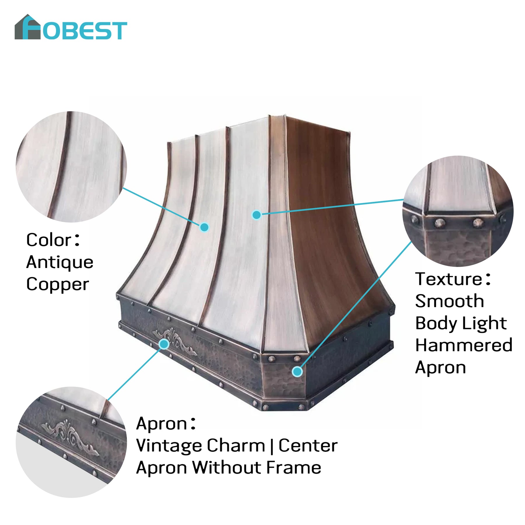 Fobest Custom Antique Copper Range Hood with Apron Pattern FCP-131