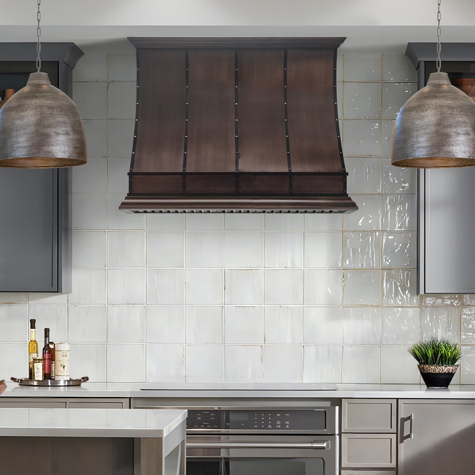 Fobest Custom Antique Copper Range Hood with Dark Copper Straps FCP-347