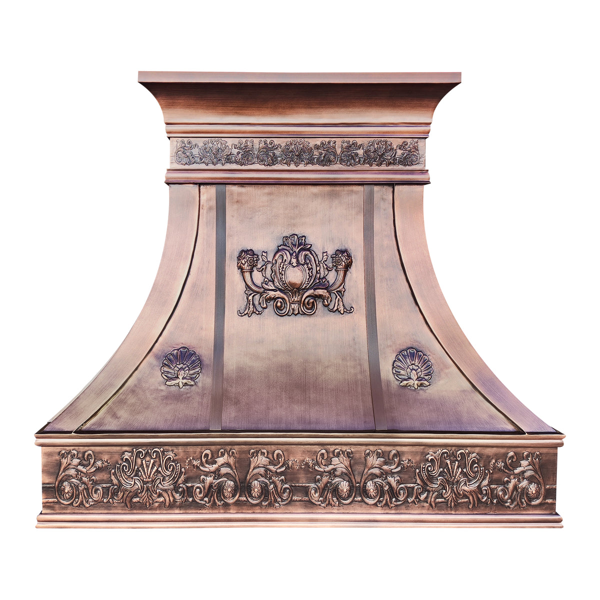 Fobest Custom Antique Copper Range Hood with Handcrafted Relief Detailing FCP-346