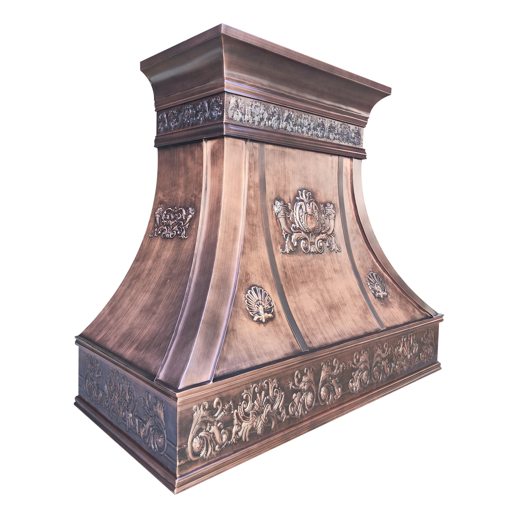 Fobest Custom Antique Copper Range Hood with Handcrafted Relief Detailing FCP-346