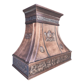 Fobest Custom Antique Copper Range Hood with Handcrafted Relief Detailing FCP-346