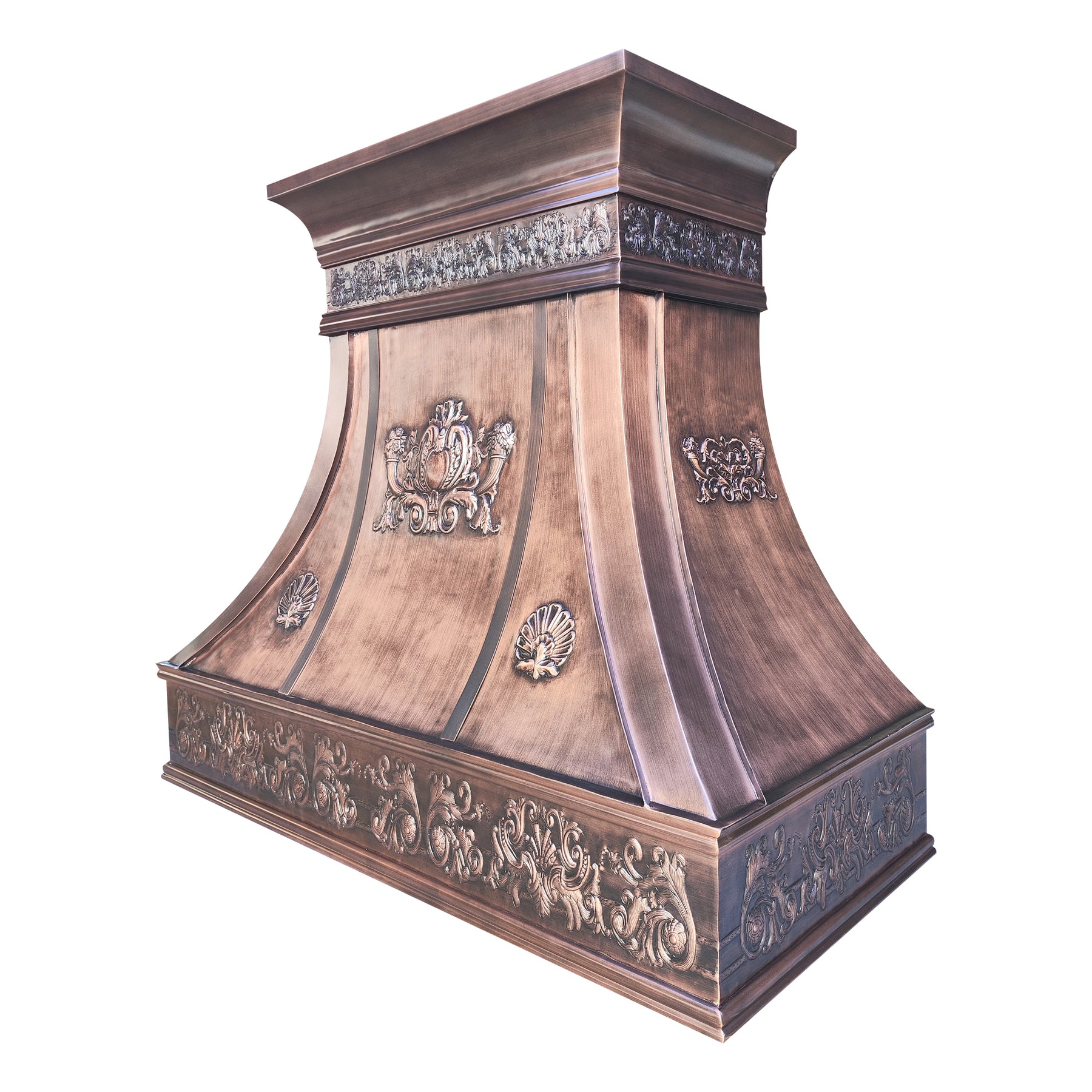 Fobest Custom Antique Copper Range Hood with Handcrafted Relief Detailing FCP-346