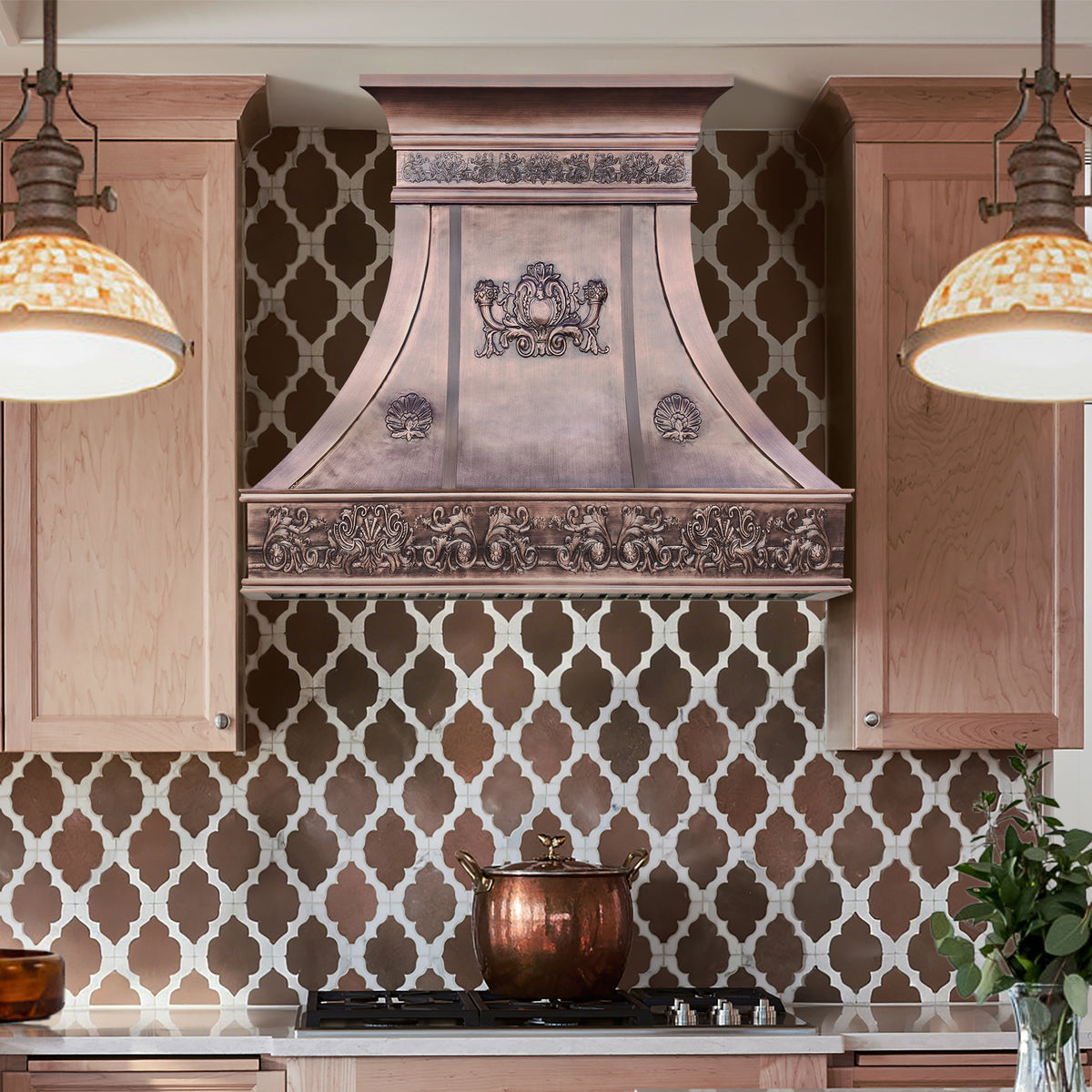 Fobest Custom Antique Copper Range Hood with Handcrafted Relief Detailing FCP-346
