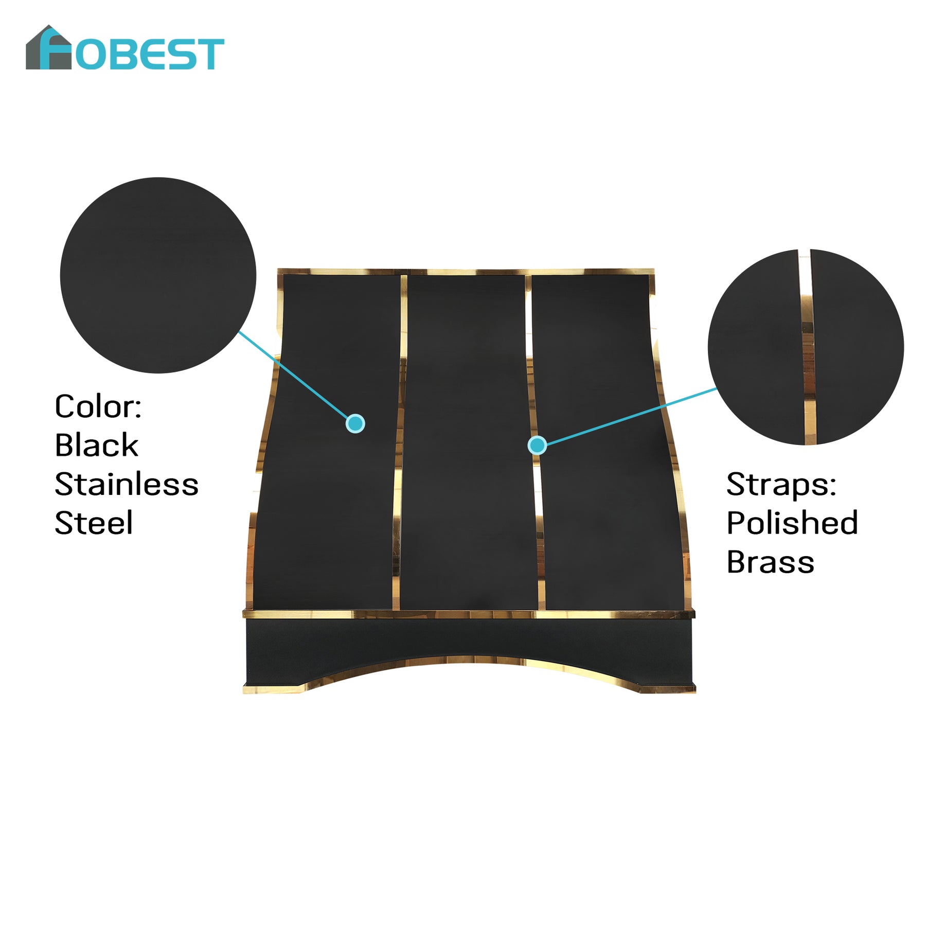 Fobest Custom Black Metal Range Hood with Polished Brass Trim FSS-690