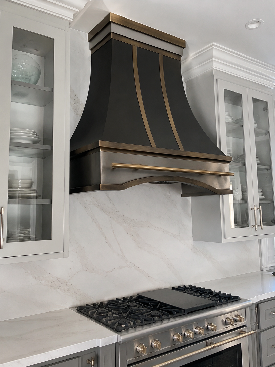 Fobest Custom Black Range Hood with Aged Brass and Stainless Accents FSS-383