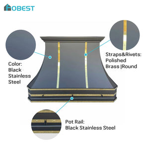 Fobest Custom Black Stainless Steel Kitchen Hood with Polished Brass Straps FSS-172