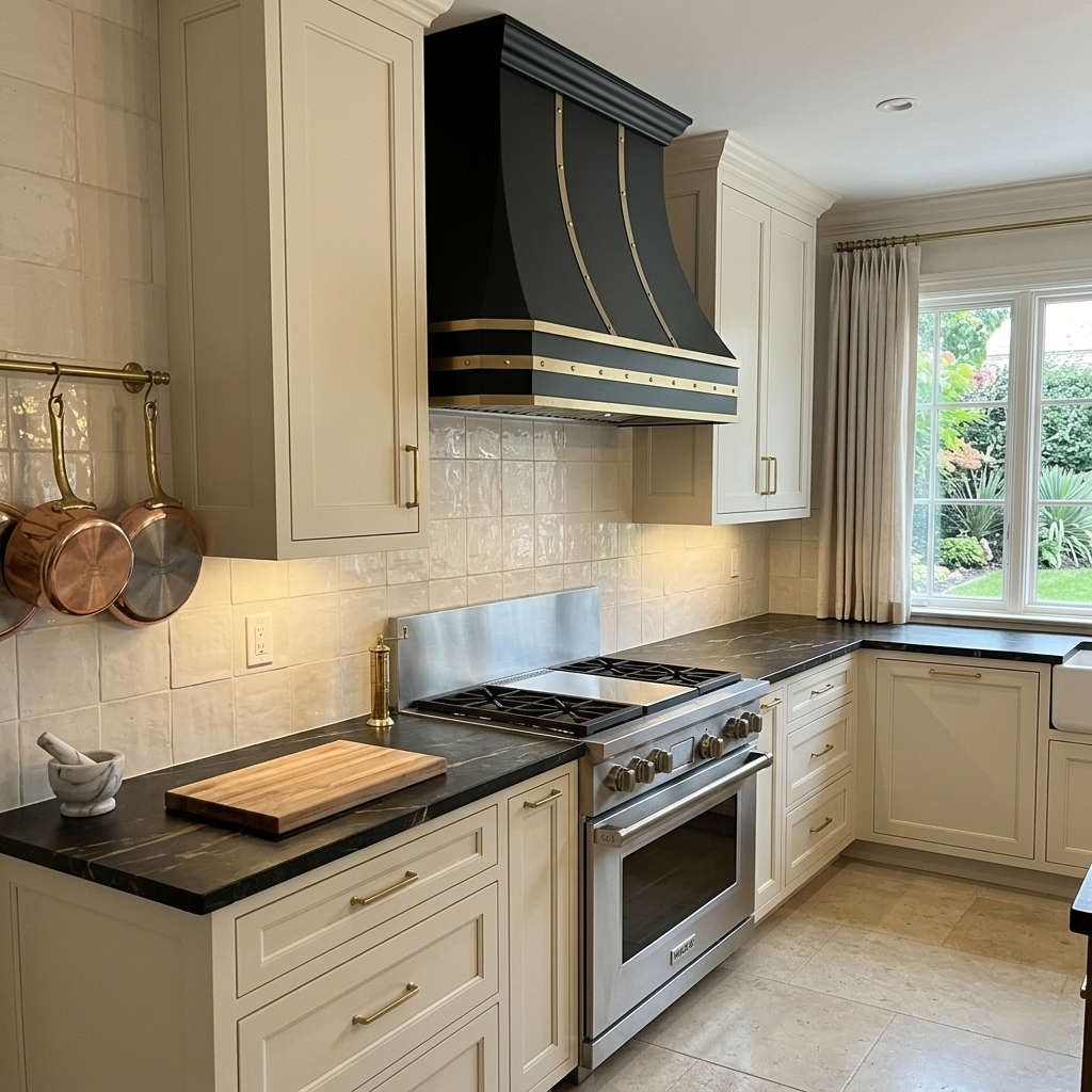 Fobest Custom Black Stainless Steel Kitchen Hood with Polished Brass Straps FSS-172