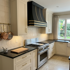 Fobest Custom Black Stainless Steel Kitchen Hood with Polished Brass Straps FSS-172