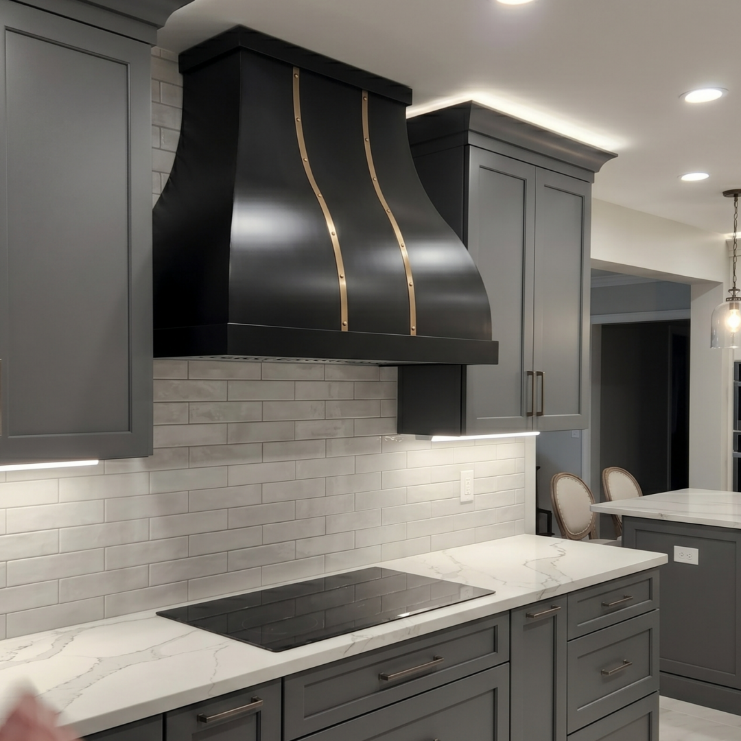 Fobest Custom Black Stainless Steel Range Hood with Aged Brass Accents FSS-583