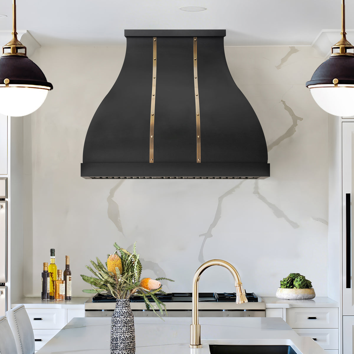 Fobest Custom Black Stainless Steel Range Hood with Aged Brass Accents FSS-583