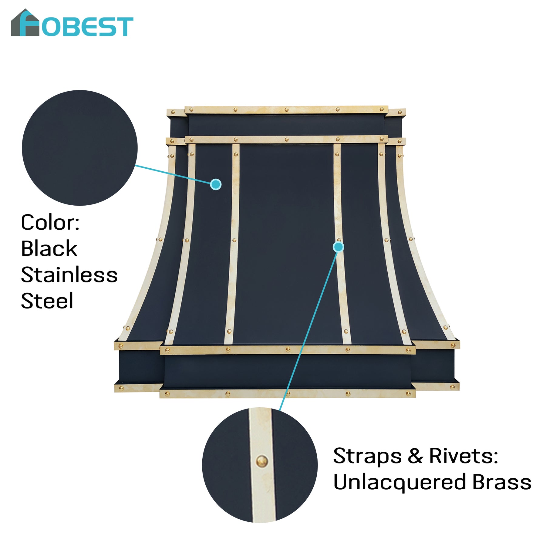 Fobest Custom Black Stainless Steel Range Hood with Unlacquered Brass Strap FSS-605
