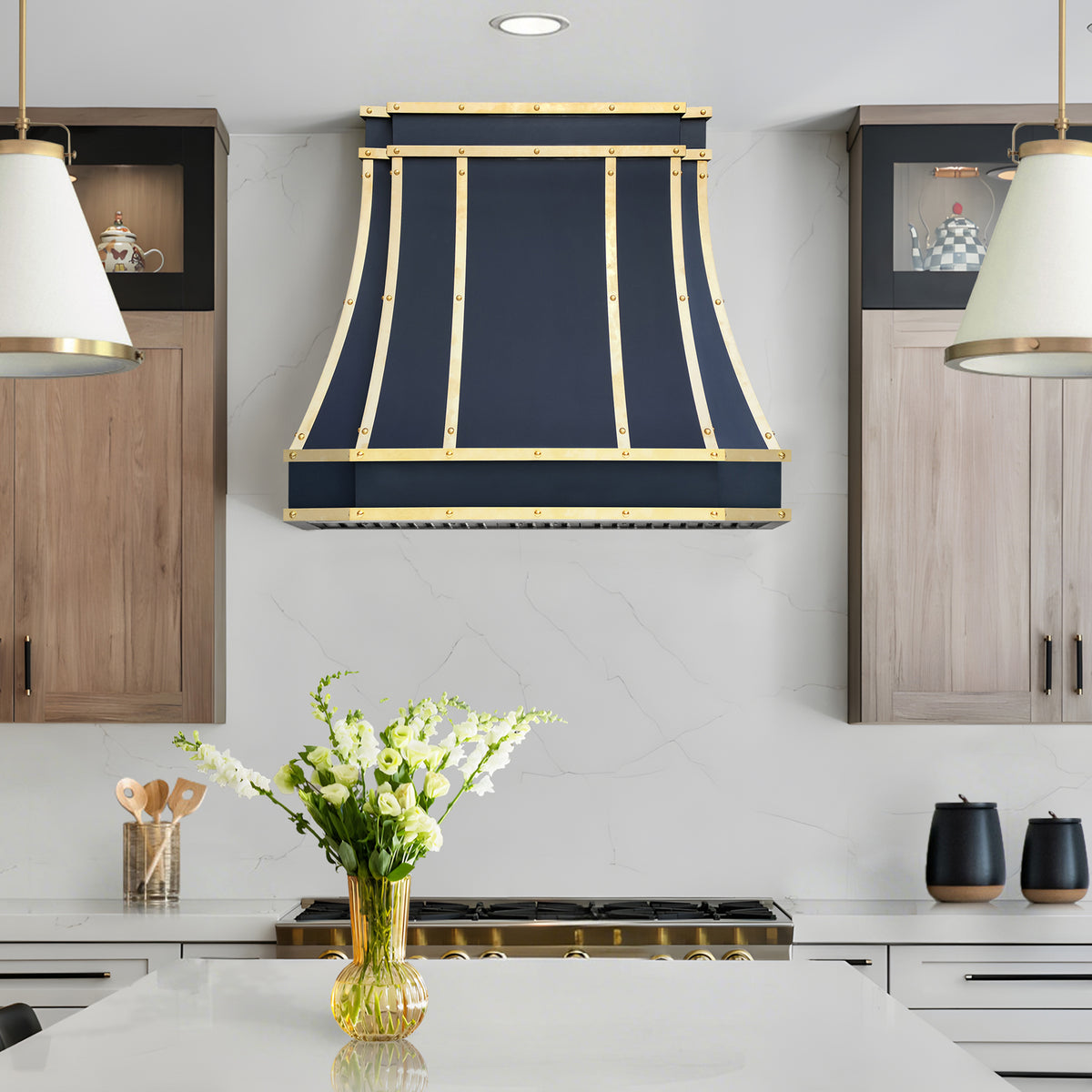 Fobest Custom Black Stainless Steel Range Hood with Unlacquered Brass Strap FSS-605