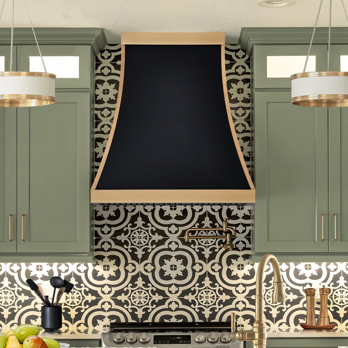 Fobest Custom Black Stainless Steel Range Hood with Brushed Brass Accents FSS-619