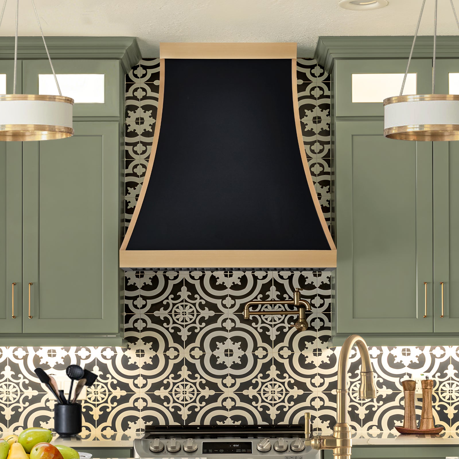 Fobest Custom Black Stainless Steel Range Hood with Brushed Brass Accents FSS-619