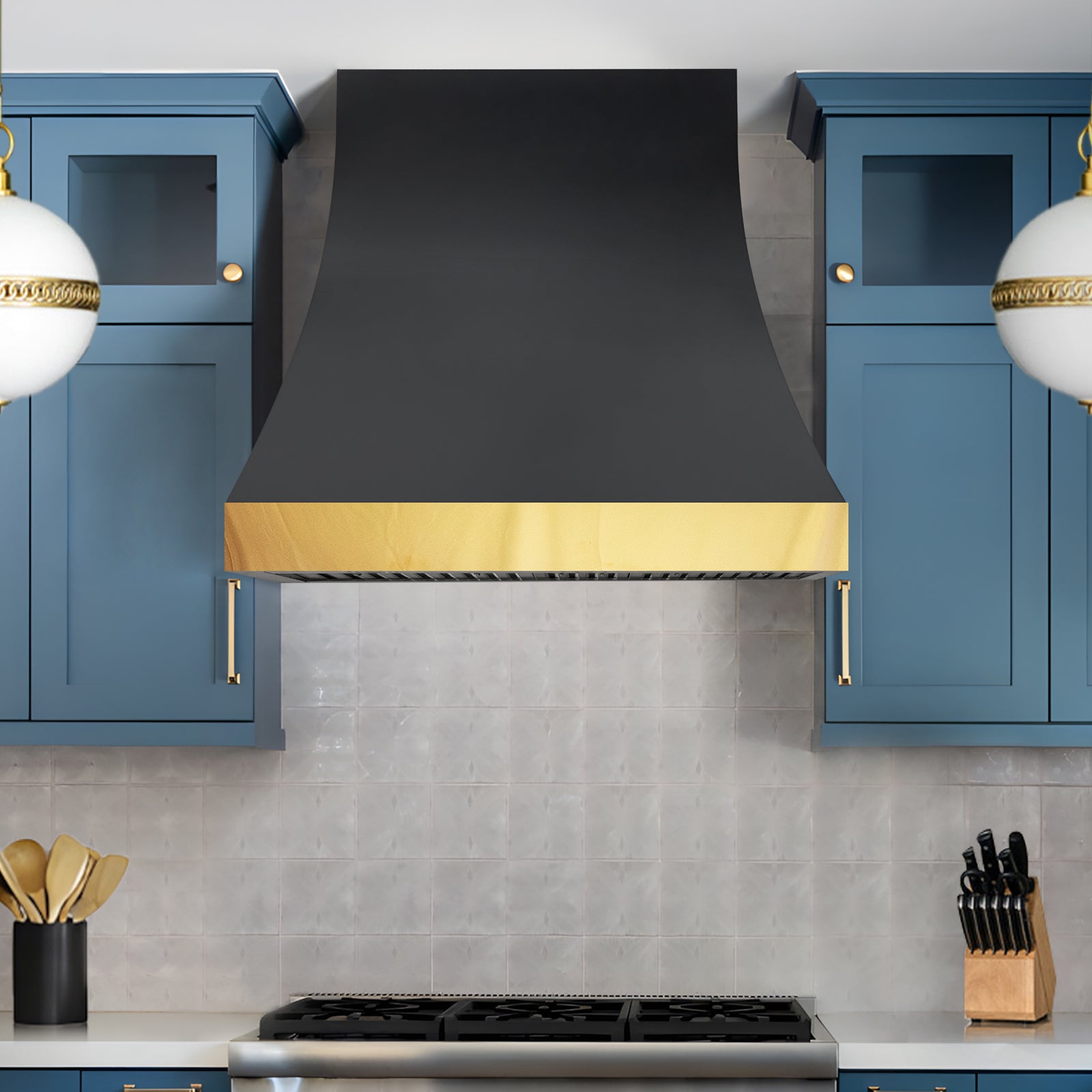 Fobest Custom Black Stainless Steel Range Hood with Polished Brass Accents FSS-642