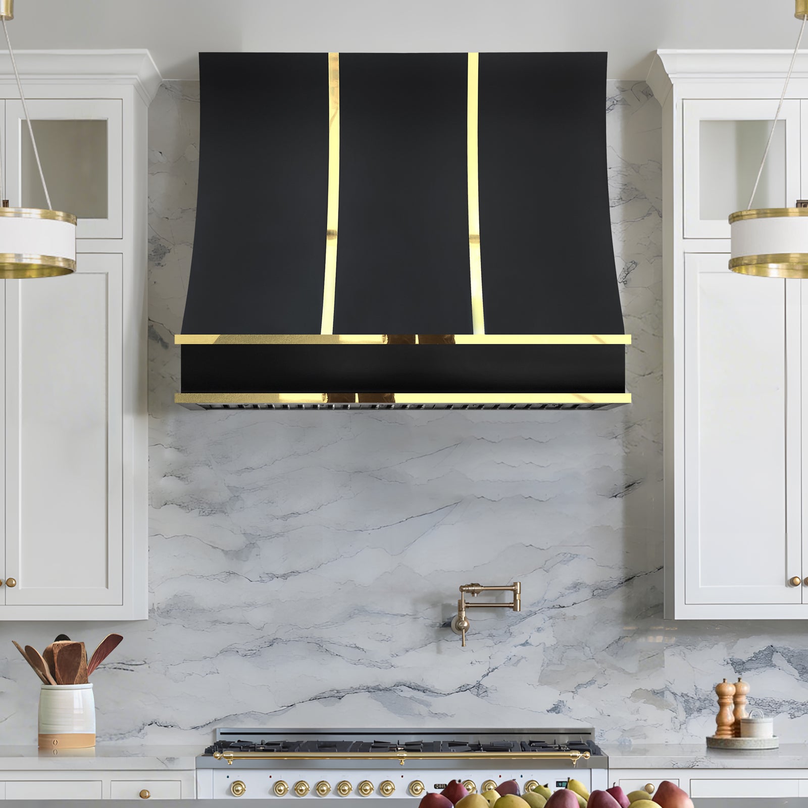 Fobest Custom Black Stainless Steel Range Hood with Polished Brass Accents FSS-612