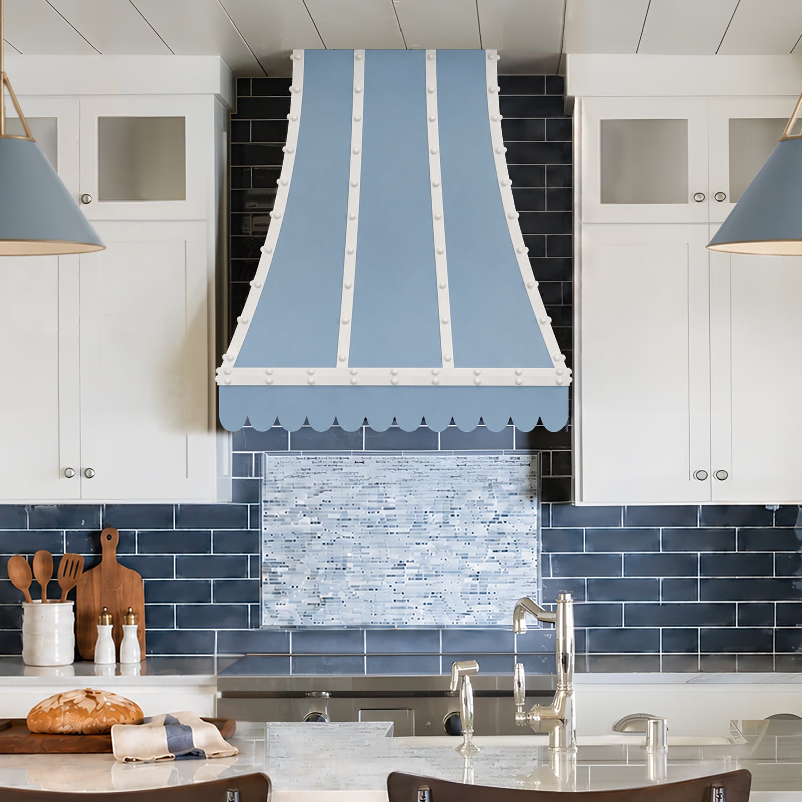 Fobest Custom Blue and White Stainless Steel Metal Range Hood with Wave Design FSS-738