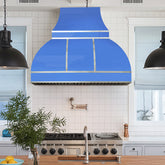 Fobest Custom Bold Blue Industrial Kitchen Range Hood with Polished Stainless Steel Straps FSS-542