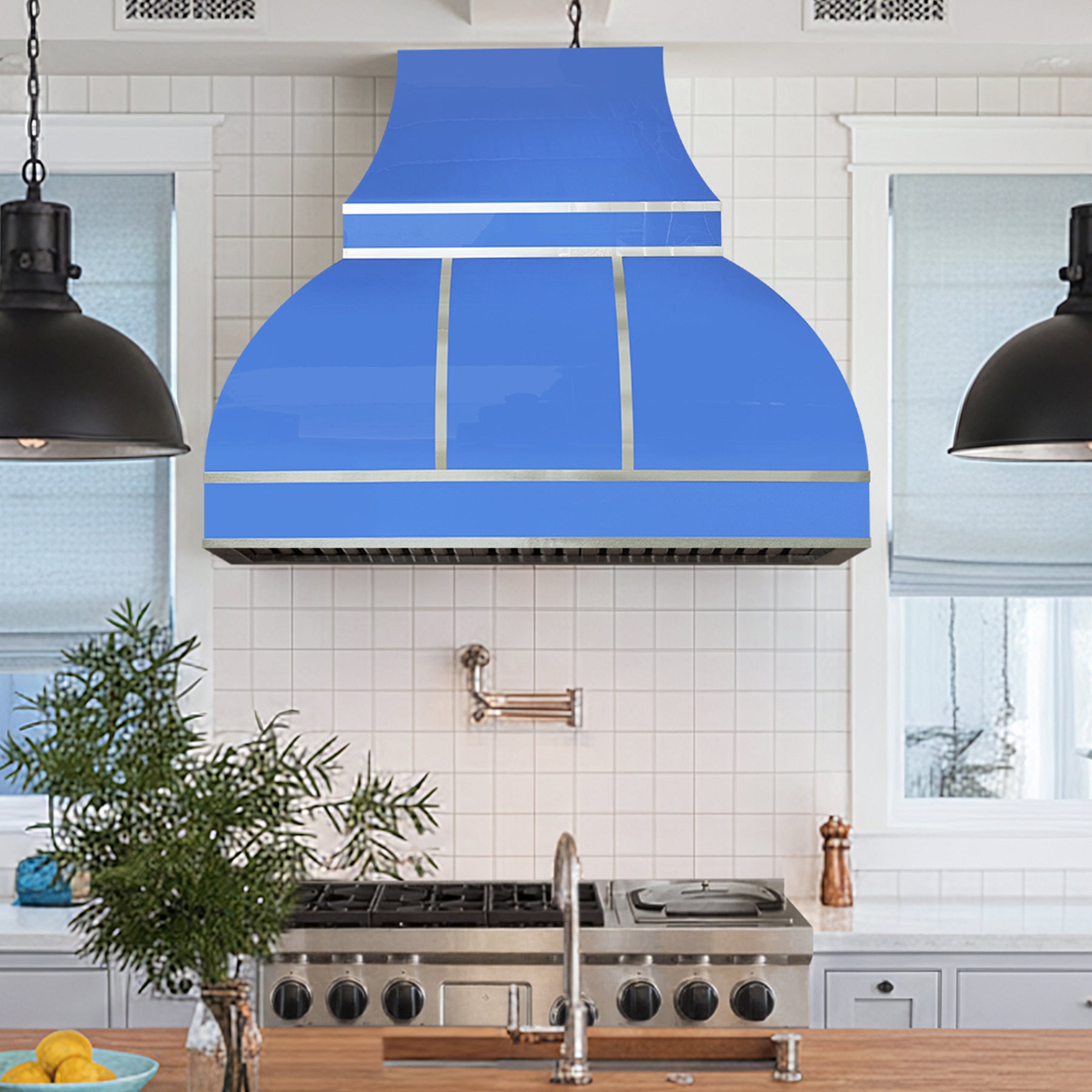 Fobest Custom Bold Blue Industrial Kitchen Range Hood with Polished Stainless Steel Straps FSS-542