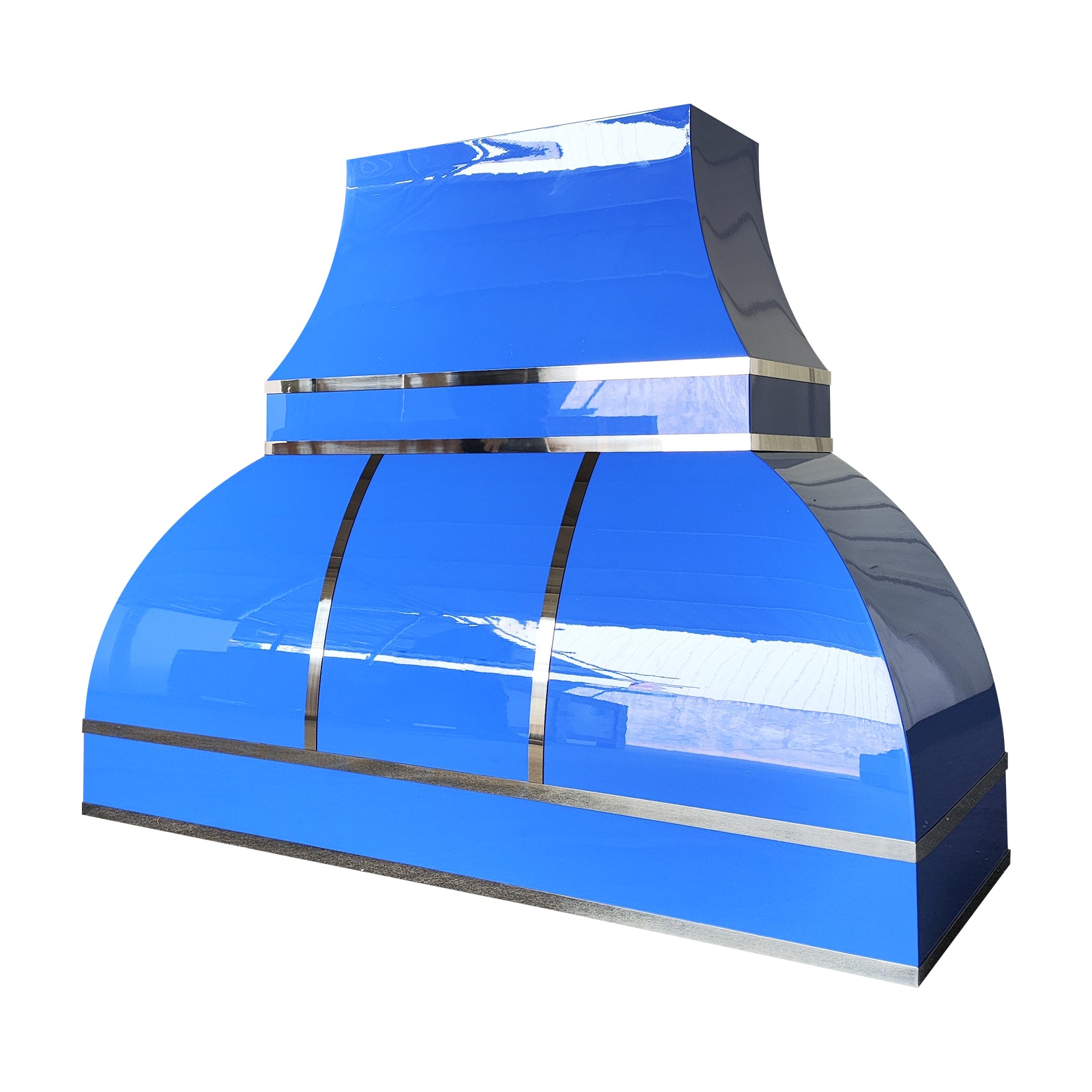 Fobest Custom Bold Blue Industrial Kitchen Range Hood with Polished Stainless Steel Straps FSS-542