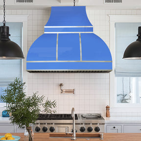 Fobest Custom Bold Blue Industrial Kitchen Range Hood with Polished Stainless Steel Straps FSS-542