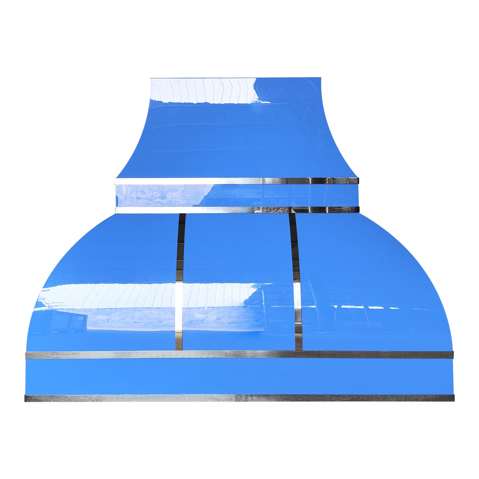 Fobest Custom Bold Blue Industrial Kitchen Range Hood with Polished Stainless Steel Straps FSS-542