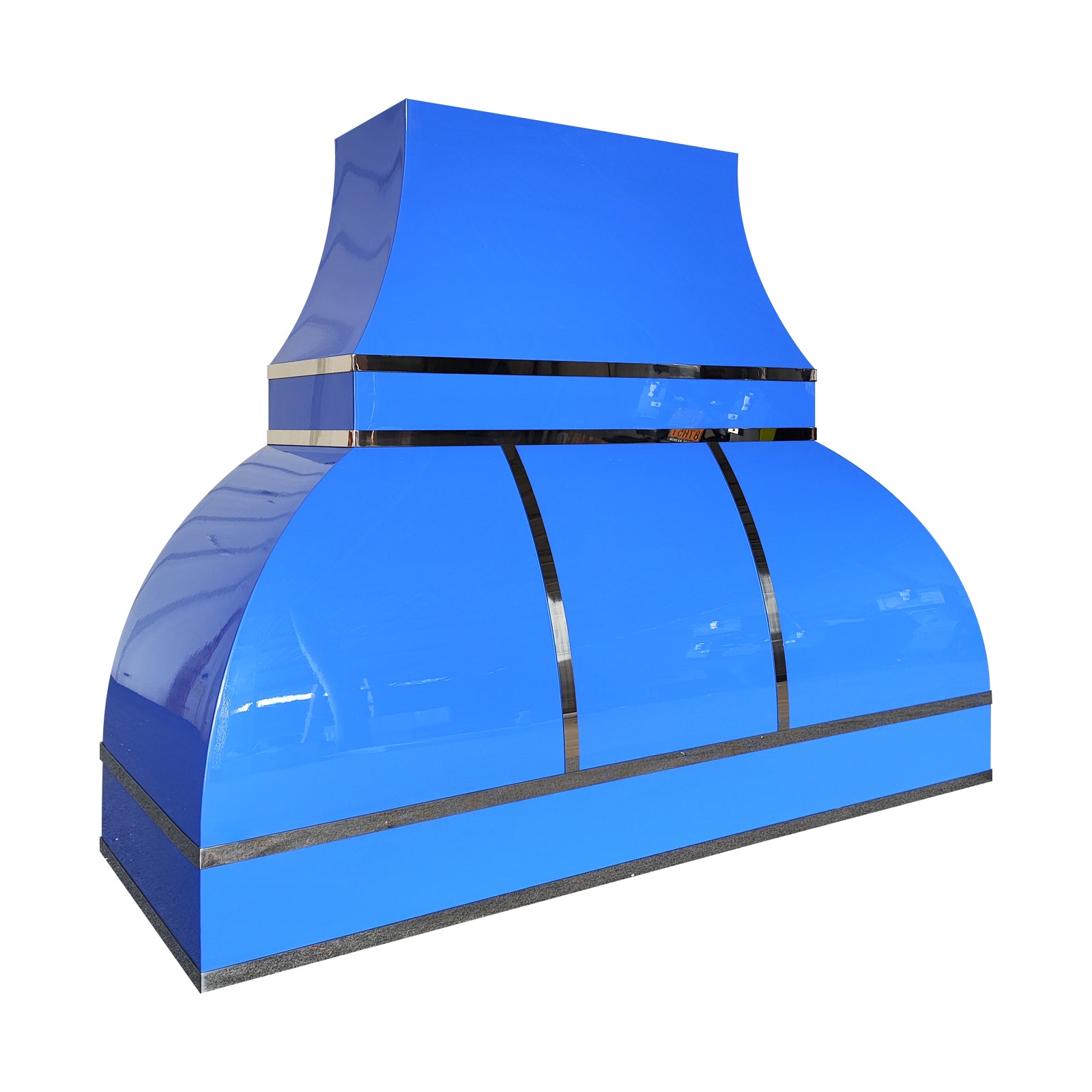 Fobest Custom Bold Blue Industrial Kitchen Range Hood with Polished Stainless Steel Straps FSS-542