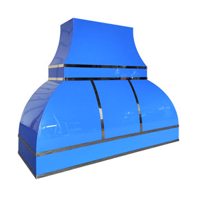 Fobest Custom Bold Blue Industrial Kitchen Range Hood with Polished Stainless Steel Straps FSS-542
