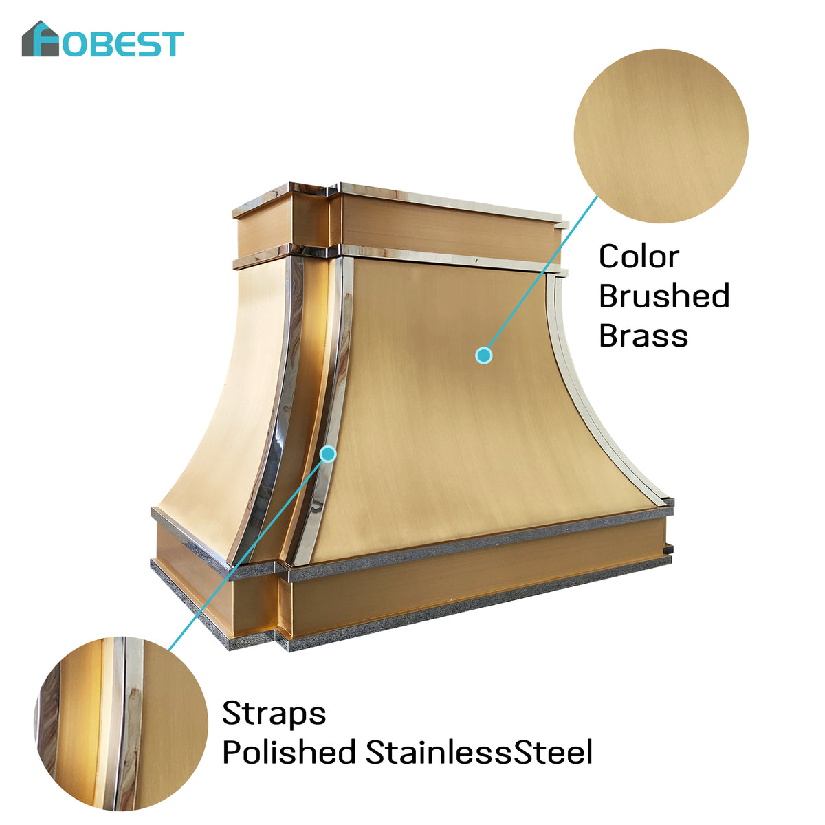Fobest Custom Brass Range Hood with Polished Strap Accents FSS-548