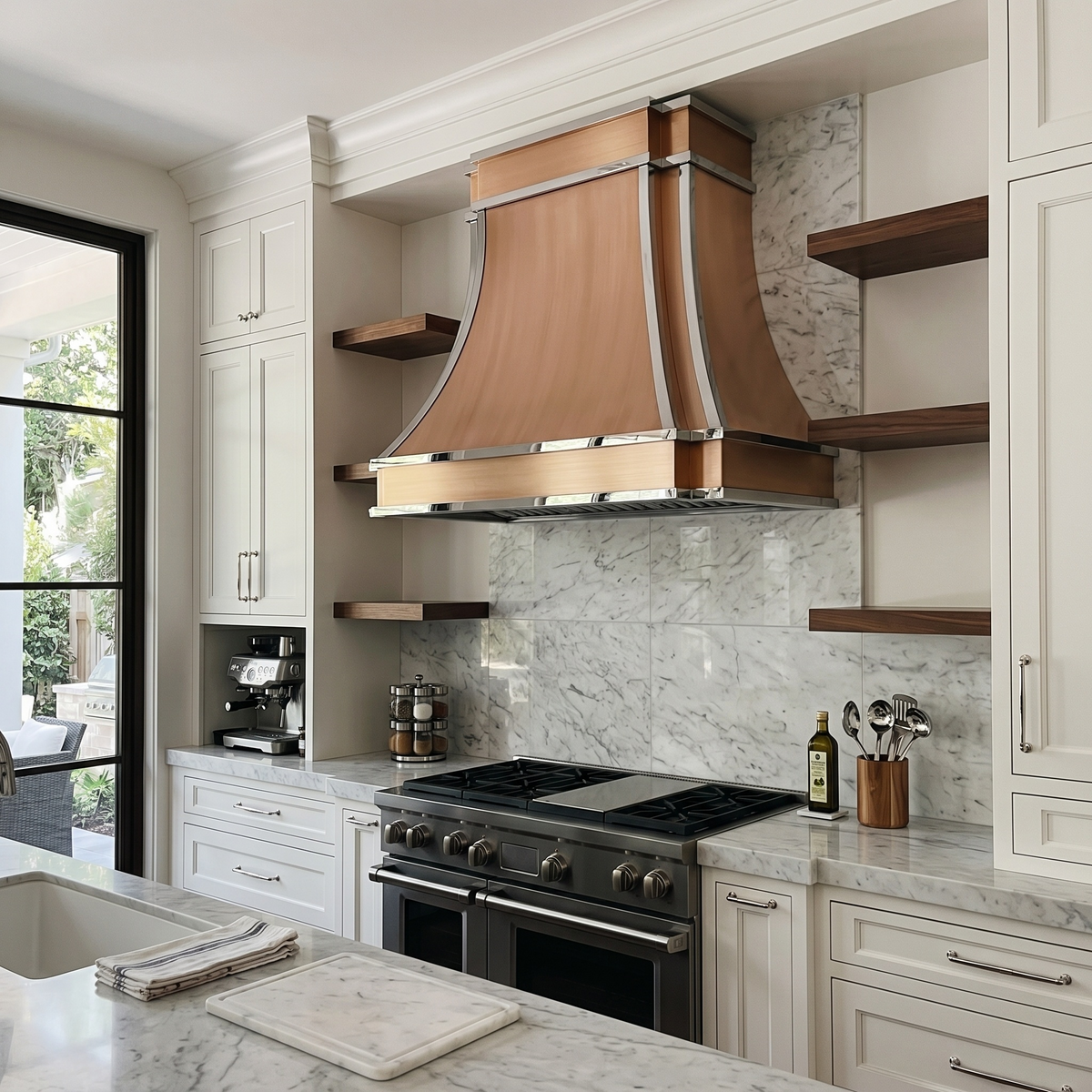 Fobest Custom Brass Range Hood with Polished Strap Accents FSS-548