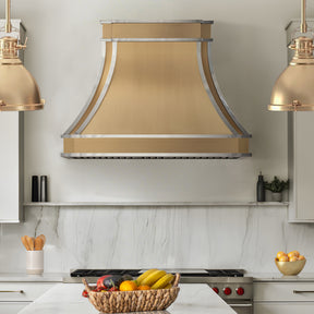 Fobest Custom Brass Range Hood with Polished Strap Accents FSS-548