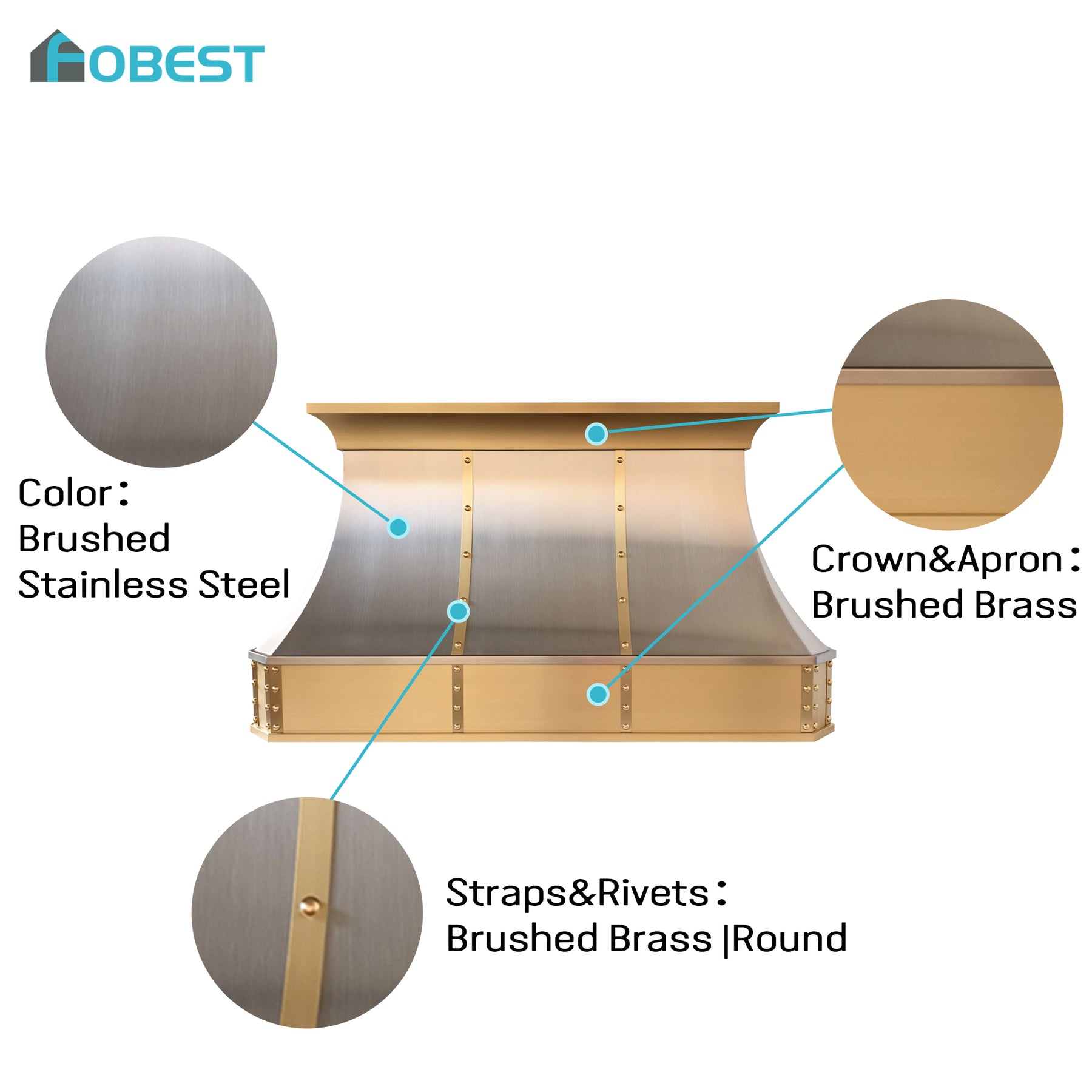 Fobest Custom Brushed Stainless Steel Range Hood with Brass Accents FSS-725
