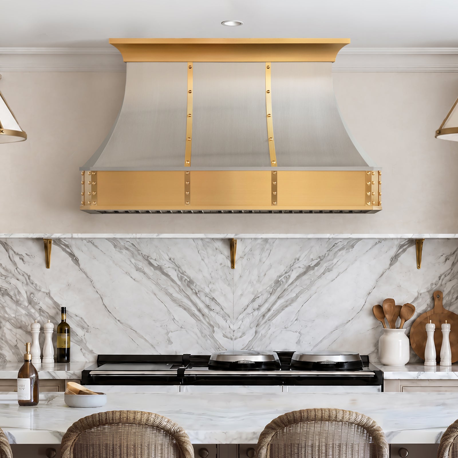 Fobest Custom Brushed Stainless Steel Range Hood with Brass Accents FSS-725
