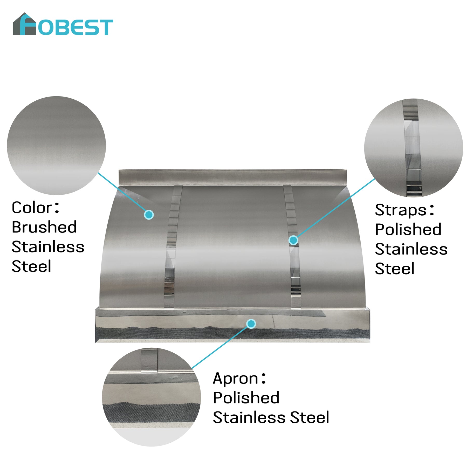 Fobest Custom Brushed Stainless Steel Range Hood with Polished Stainless Steel Straps FSS-653