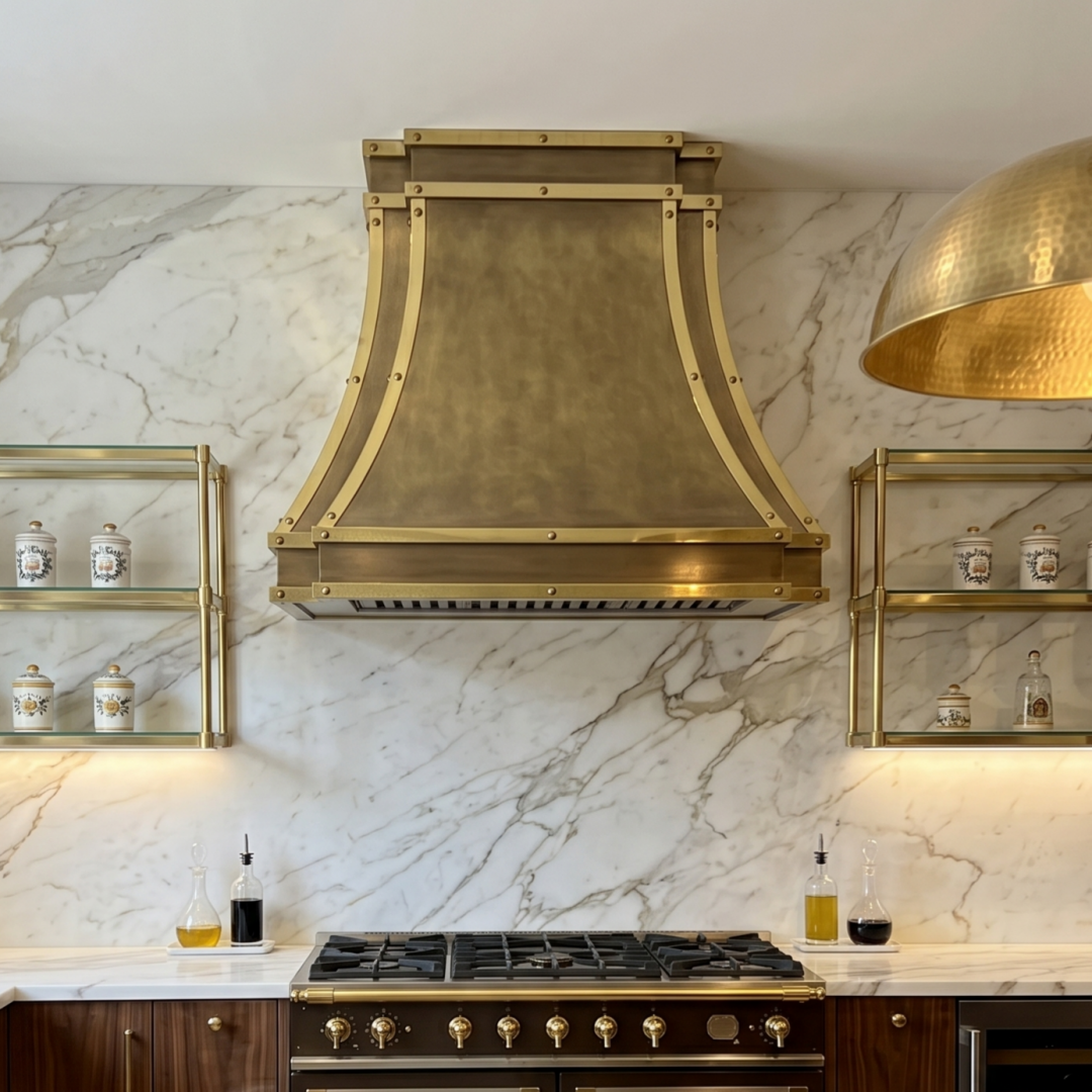 Fobest Custom California Brass Range Hood with Polished Brass Strap Details FSS-606