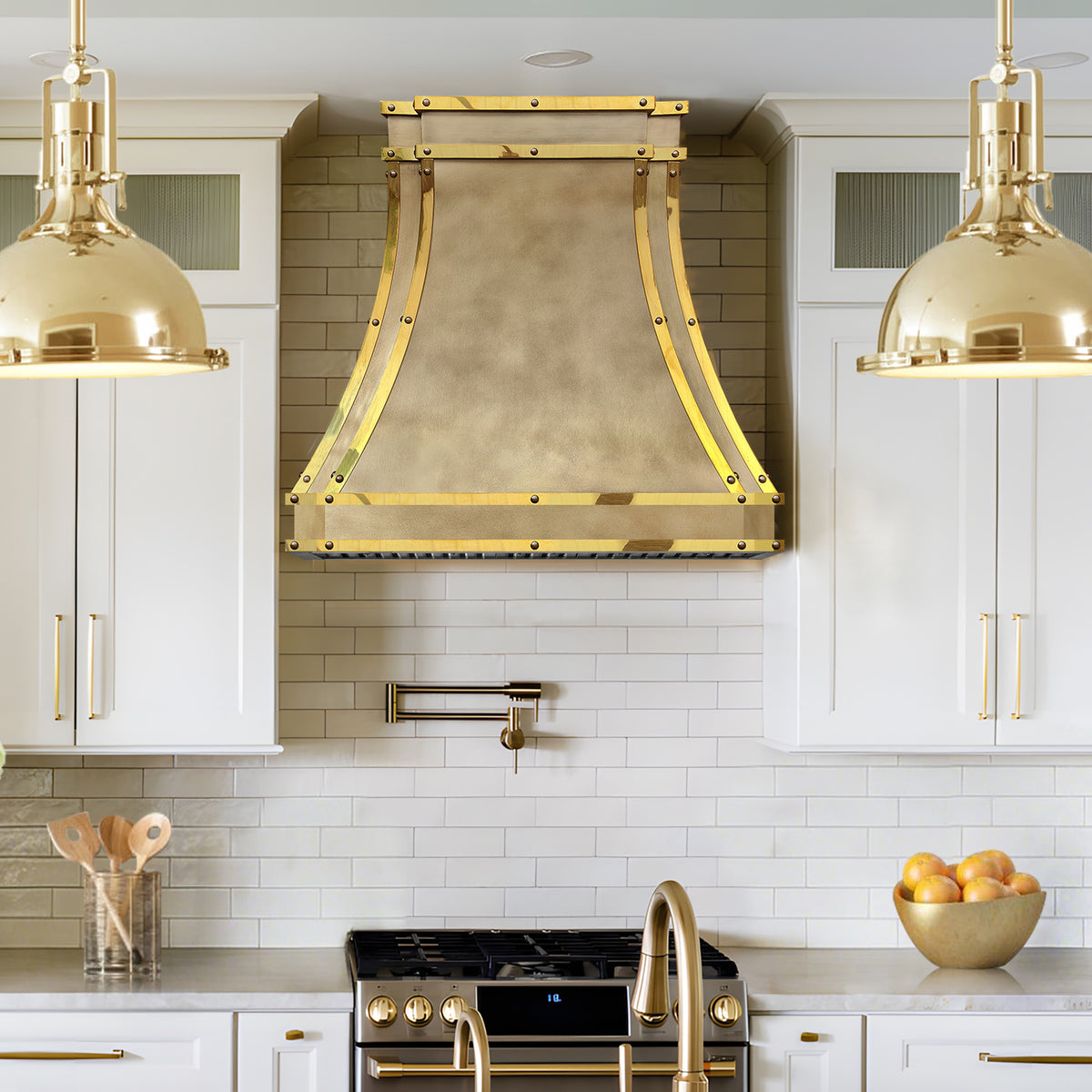 Fobest Custom California Brass Range Hood with Polished Brass Strap Details FSS-606