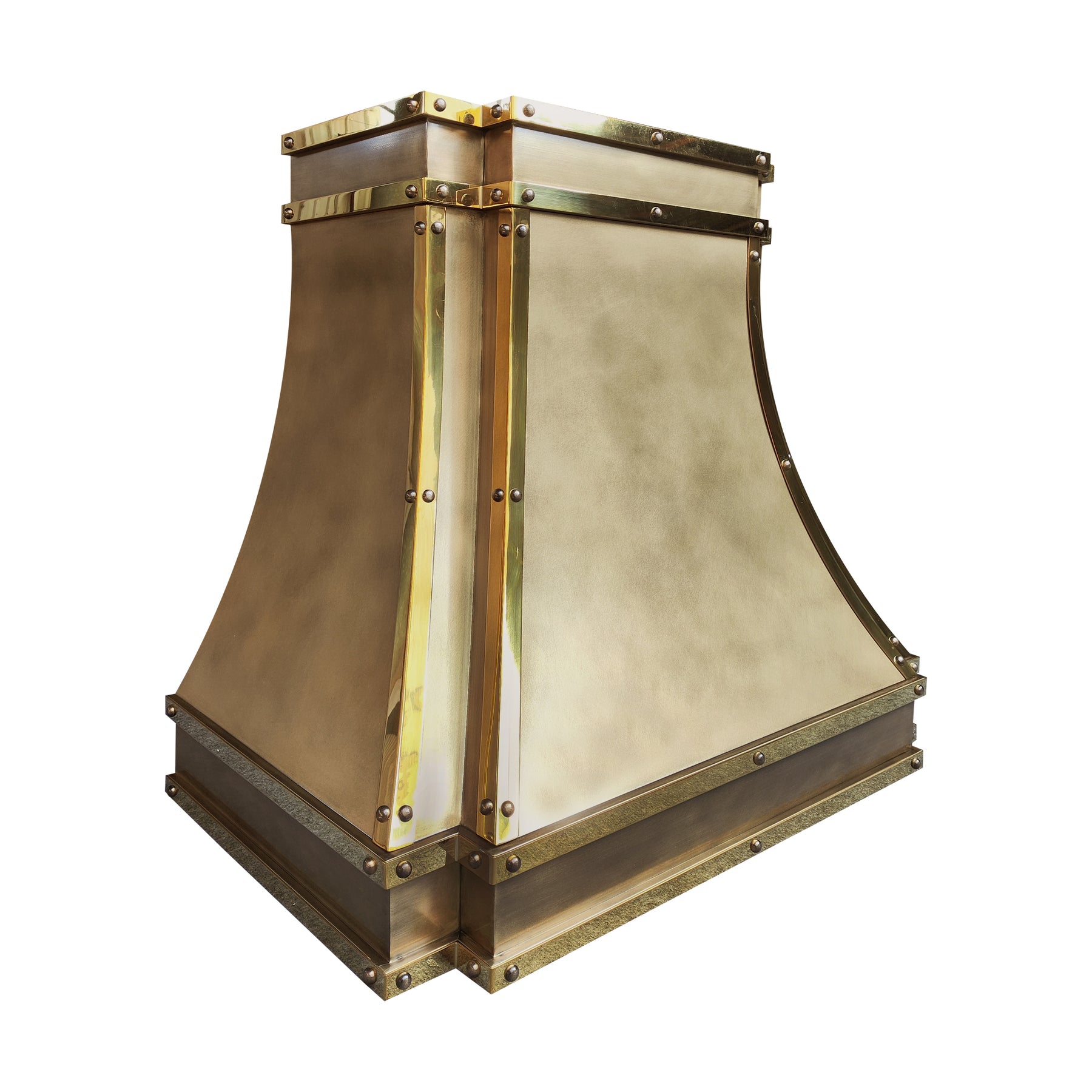 Fobest Custom California Brass Range Hood with Polished Brass Strap Details FSS-606