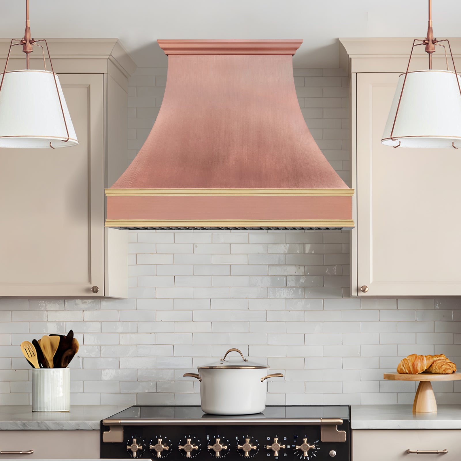 Fobest Custom Copper Range Hood with Brushed Brass Straps FCP-364