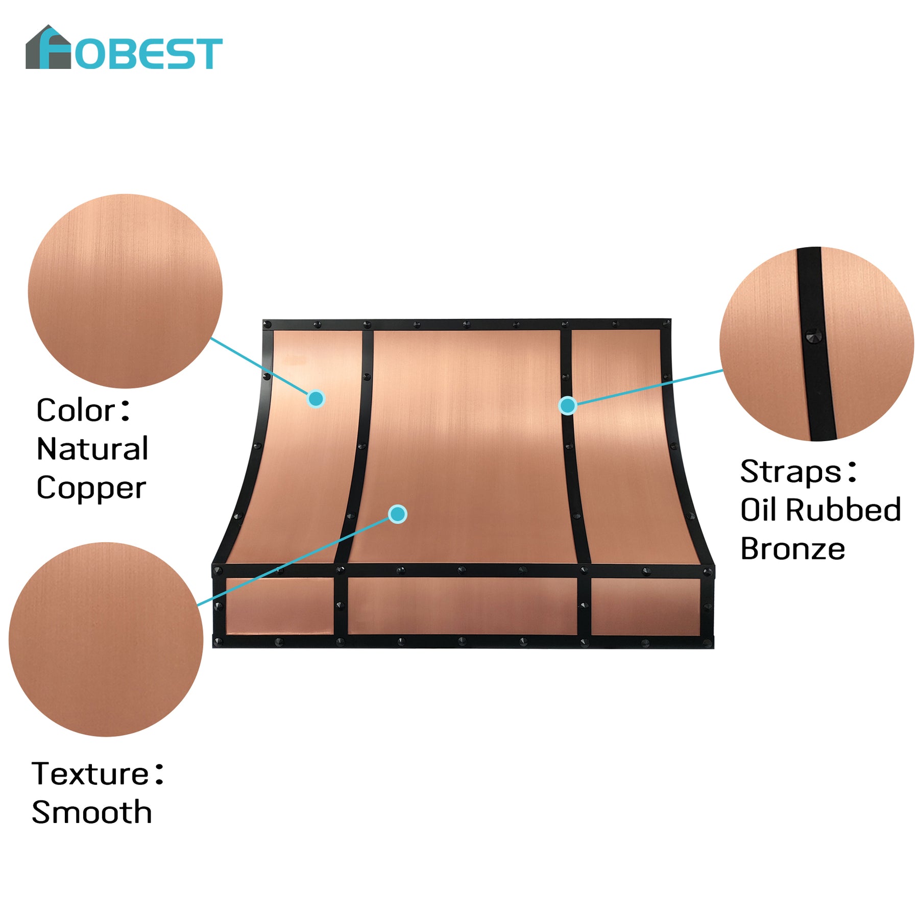 Fobest Custom Copper Range Hood with Oil Rubbed Bronze Straps FCP-367