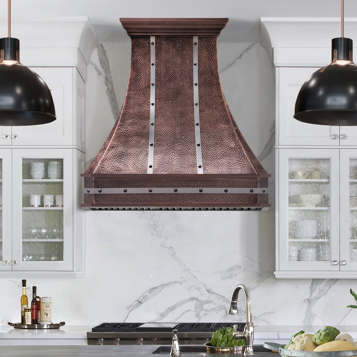 Fobest Custom Copper Range Hood with Stainless Steel Straps in a Statement Style FCP-339
