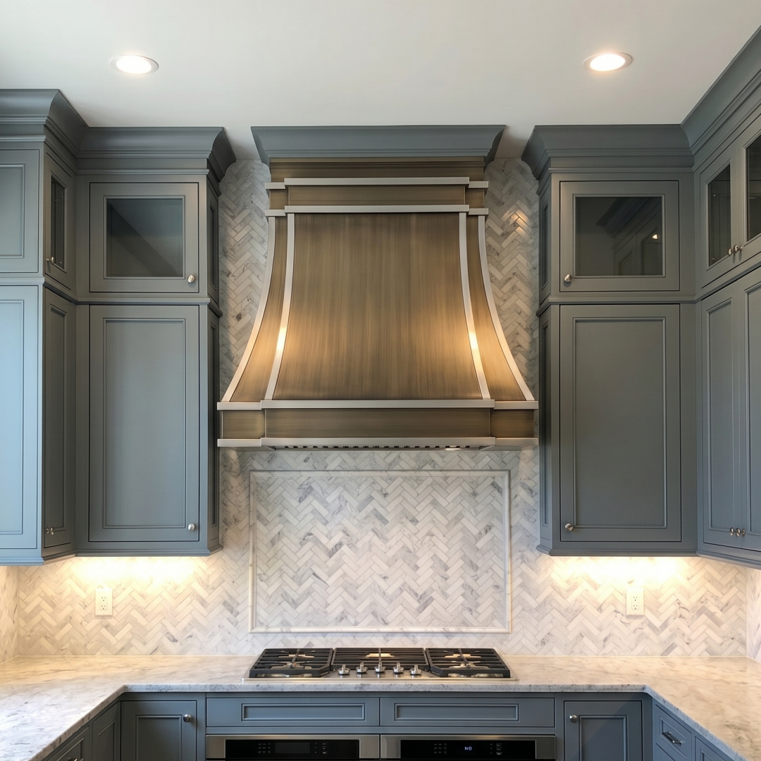 Fobest Custom Curved Aged Brass Range Hood with Brushed Stainless Steel Straps FSS-586