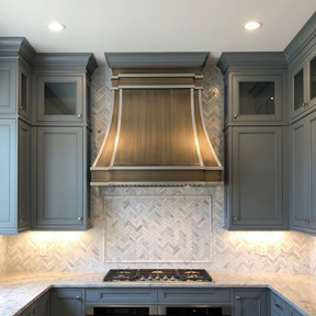 Fobest Custom Curved Aged Brass Range Hood with Brushed Stainless Steel Straps FSS-586