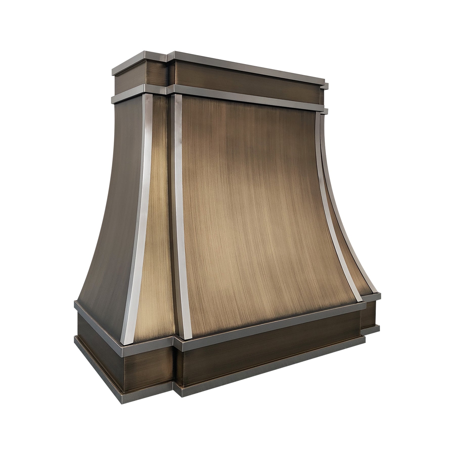 Fobest Custom Curved Aged Brass Range Hood with Brushed Stainless Steel Straps FSS-586