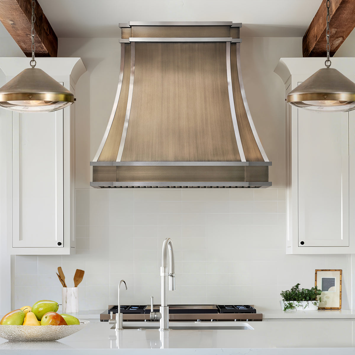 Fobest Custom Curved Aged Brass Range Hood with Brushed Stainless Steel Straps FSS-586
