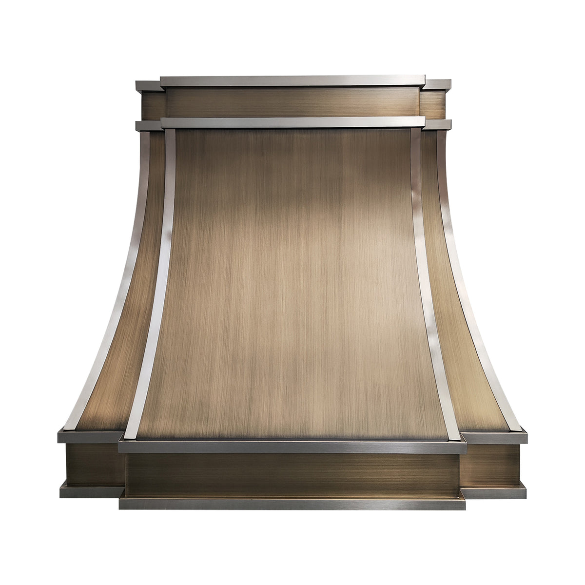 Fobest Custom Curved Aged Brass Range Hood with Brushed Stainless Steel Straps FSS-586