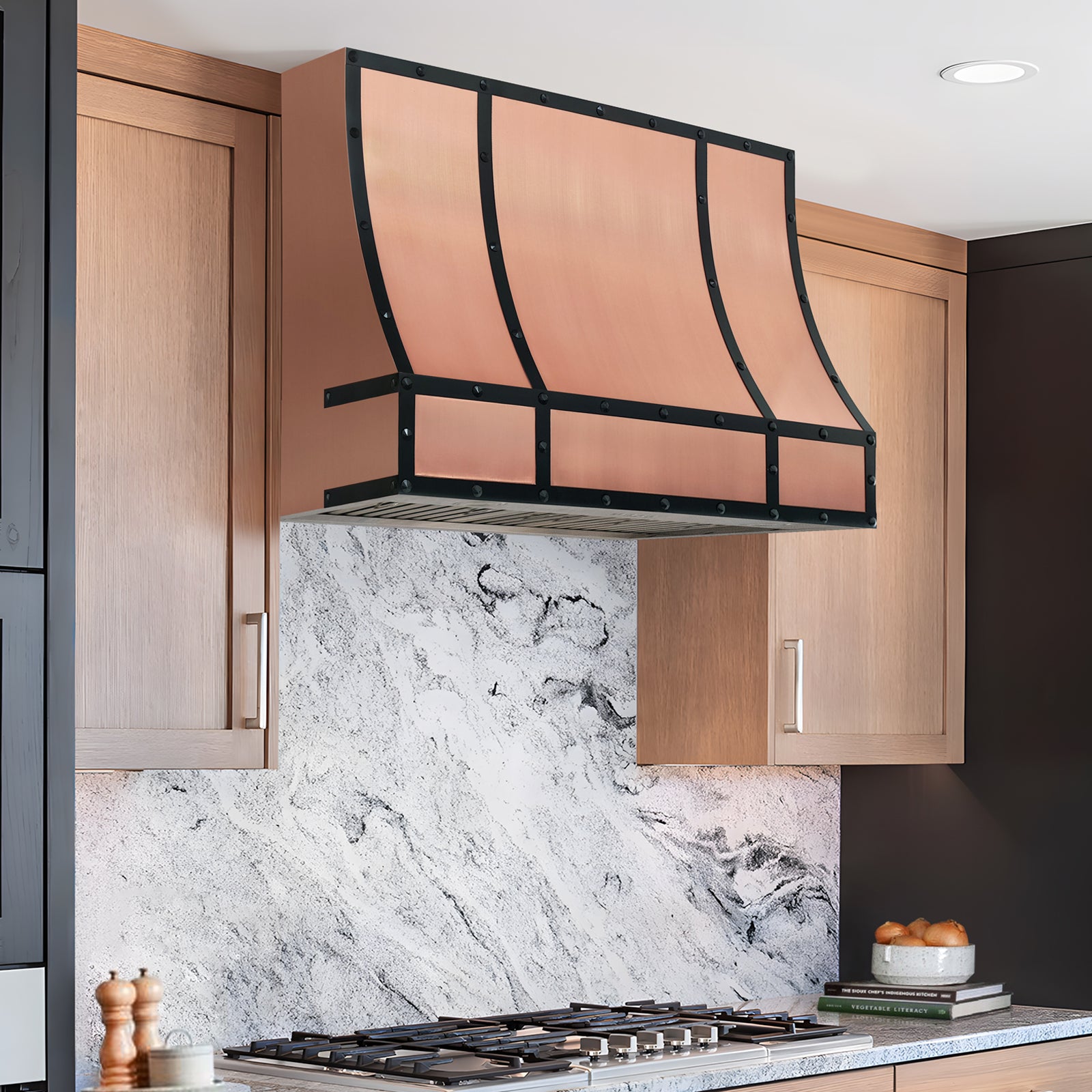Fobest Custom Copper Range Hood with Oil Rubbed Bronze Straps FCP-367