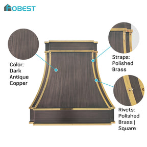 Fobest Custom Dark Antique Copper Range Hood with Polished Brass Accents FCP-385