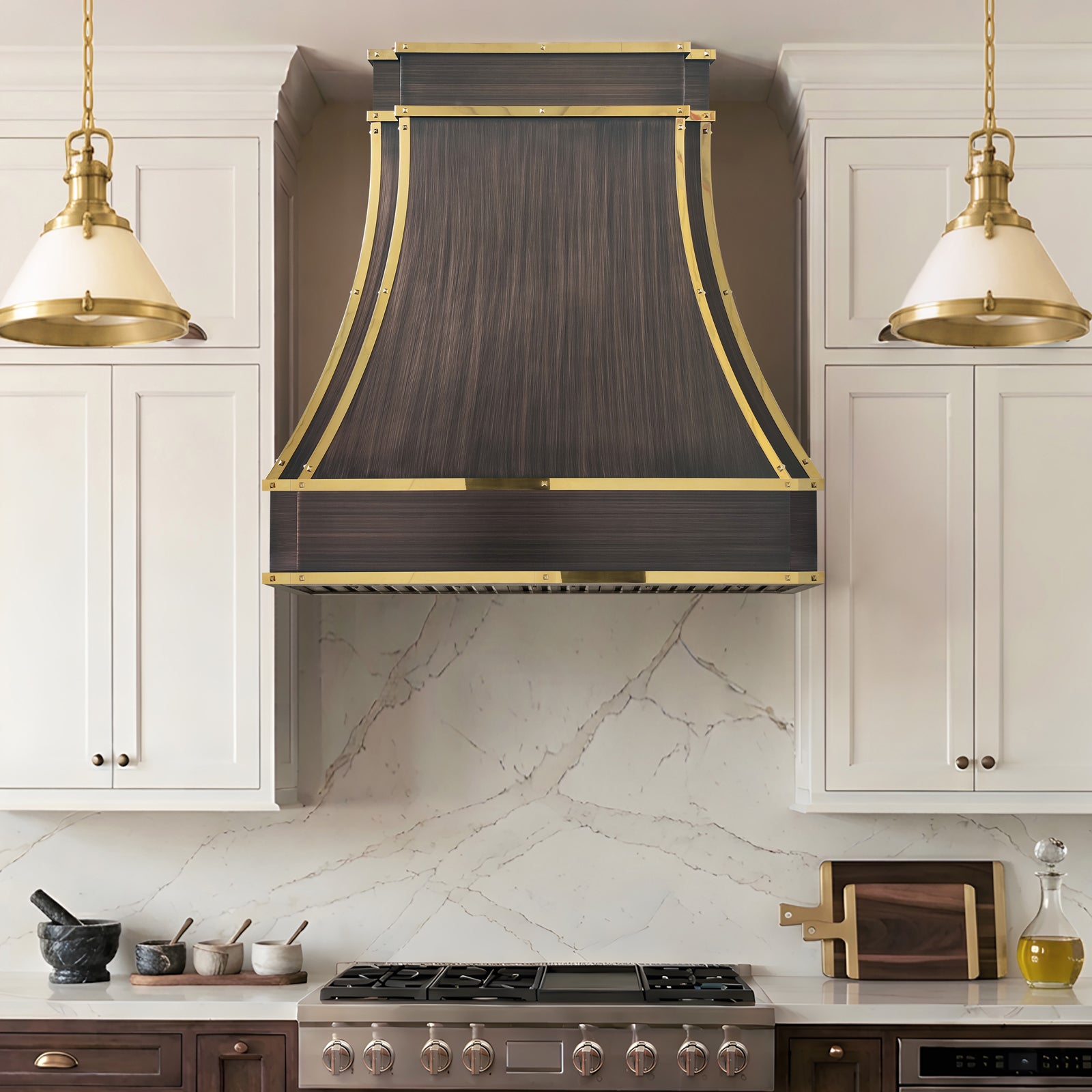 Fobest Custom Dark Antique Copper Range Hood with Polished Brass Accents FCP-385